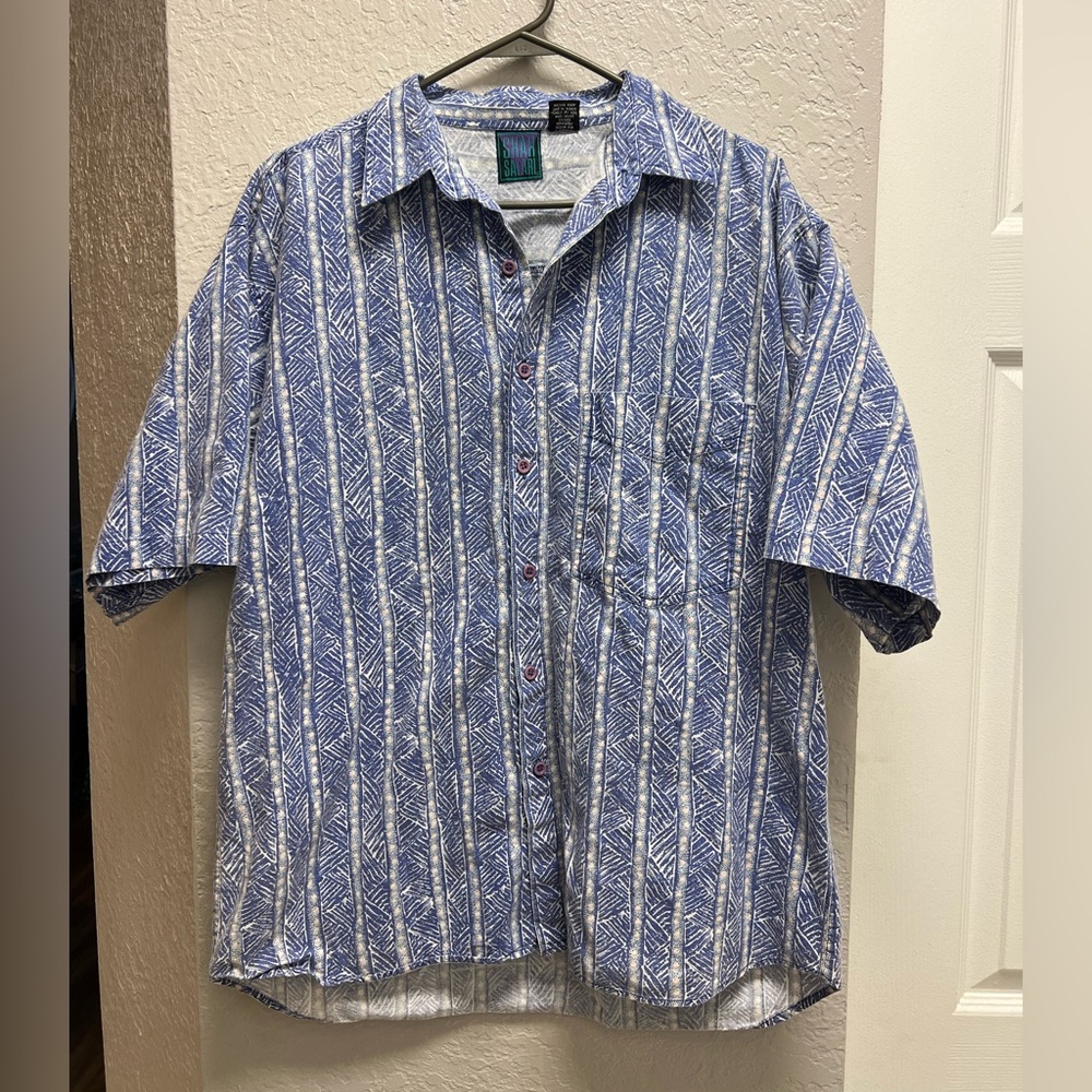 Vintage 90s Shah Safari Shirt Blue & White Abstract Crosshatch Pattern Sz Large